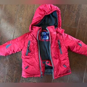 Red puffer coat